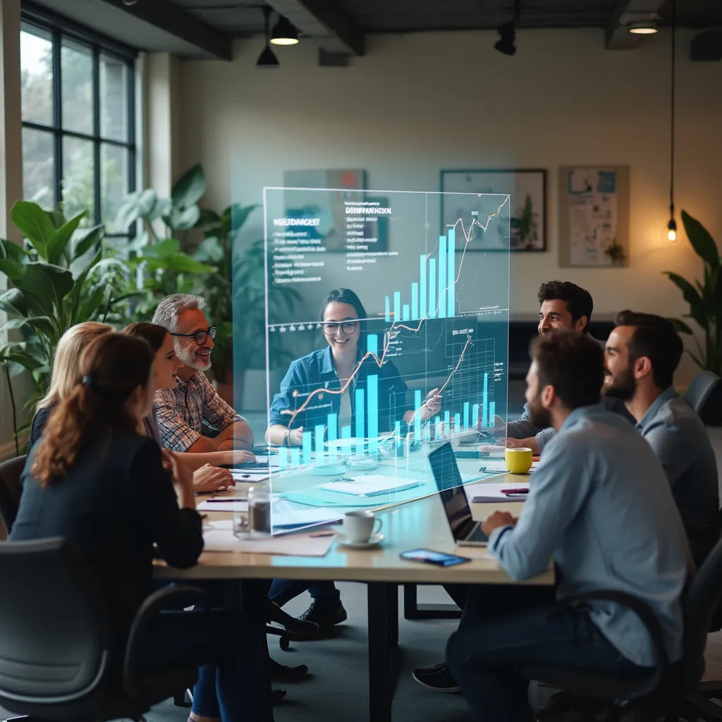 Equipo discutiendo estrategias de visión en una oficina moderna y luminosa